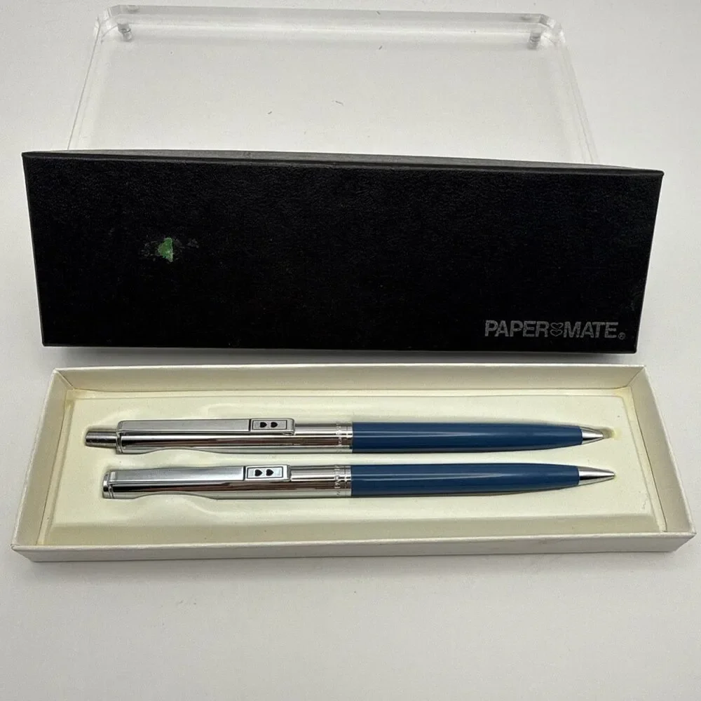 Vintage Paper Mate Ballpoint Pen & Mechanical Pencil Set Blue/ Chrome